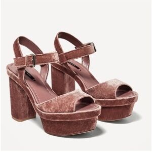 ZARA VELVET WEDGES PLATFORM HIGH HEEL SANDALS Dusty Rose Pink size 40 10 Holiday